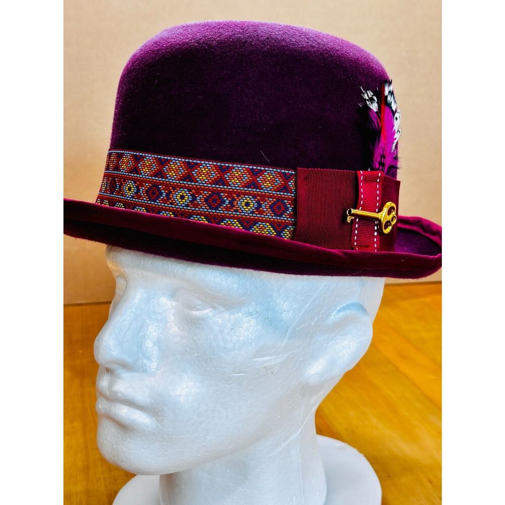 Handmade Burgundy Felt Fedora Hat Feather Key Accent One of a Kind Men’s Large